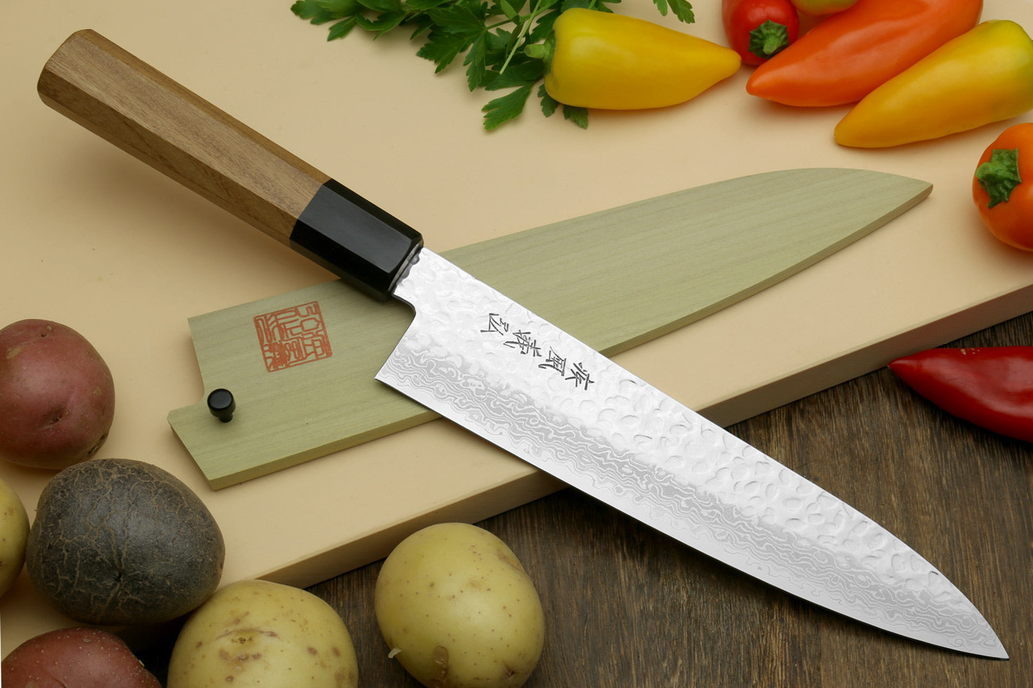 Yoshihiro VG-10 46 Layers Hammered Damascus Gyuto (210mm/240mm) Petty (150mm) Ambrosia Handle Chefs Knife Set on Sale