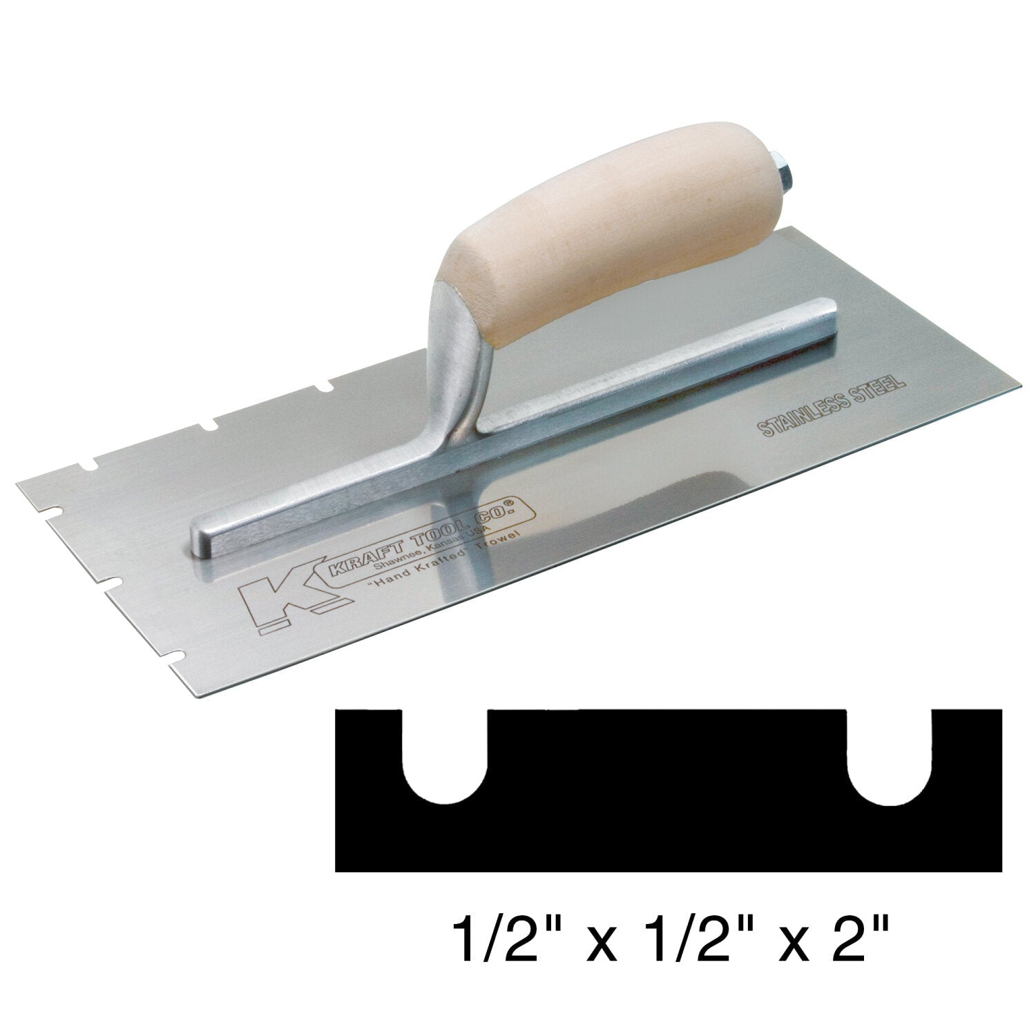 Kraft Tool PL625 12″ x 5″ Stainless Steel EIFS 1/2″ x 1/2″ x 2″ Notch Trowel with Wood Handle Supply