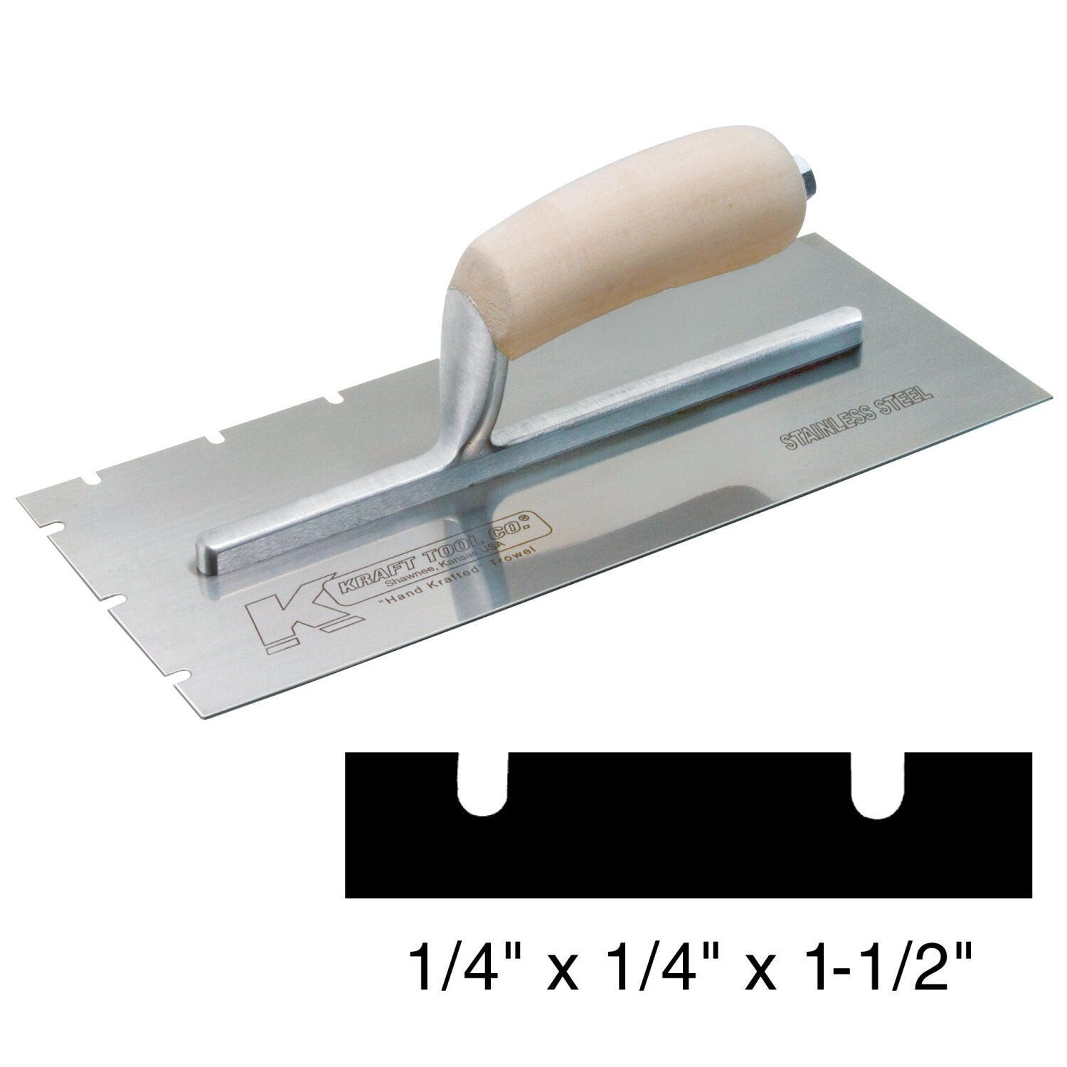 Kraft Tool PL623 12″ x 5″ Stainless Steel EIFS 1/4″ x 1/4″ x 1-1/2″ Notch Trowel with Wood Handle Supply