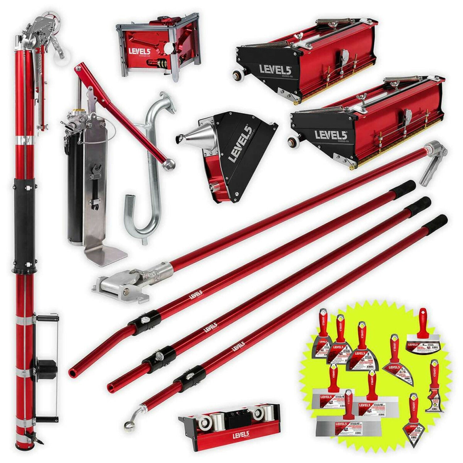 Level5 4-600P Taping & Finishing Set 10/12″ Flat Boxes, 3″ Corner Finisher, Angle Box, Pump, Roller, Std. Handle on Sale
