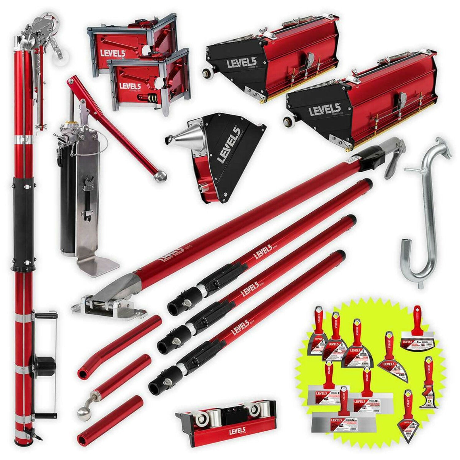 Level5 4-617 Automatic Taper, 7/10/12″ Flat Boxes, 3/3.5″ Corner Finishers, Angle Box, Nail Spotters, 2 Pumps, Roller, Ext. Handles Sale