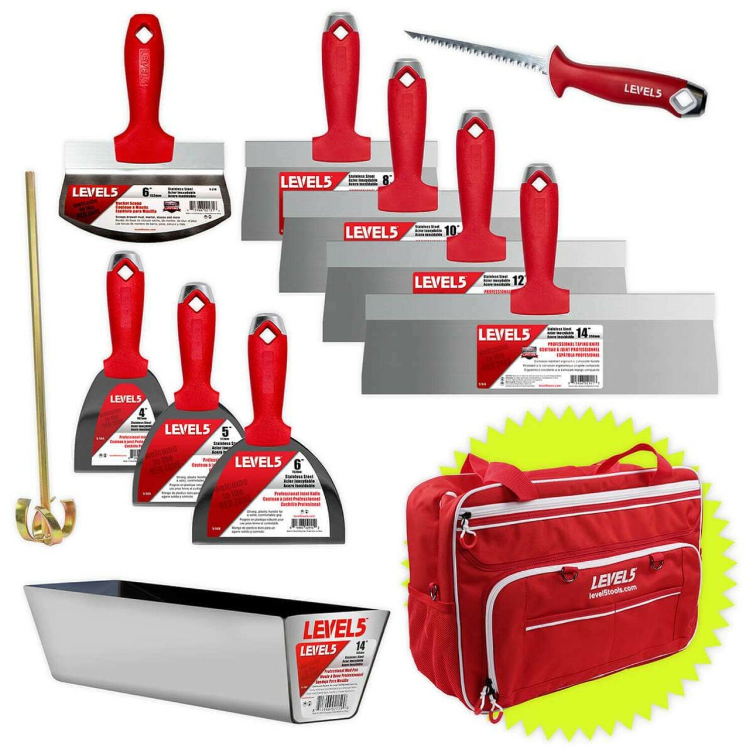 Level5 5-682 Joint & Taping Knives, Mixer, Jab Saw, Mud Pan + Free Bag Discount