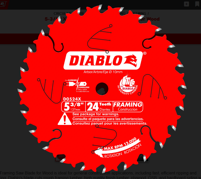 Diablo Tools D0524X 5-3/8″ x 24-Teeth Framing Saw Blade for Wood on Sale