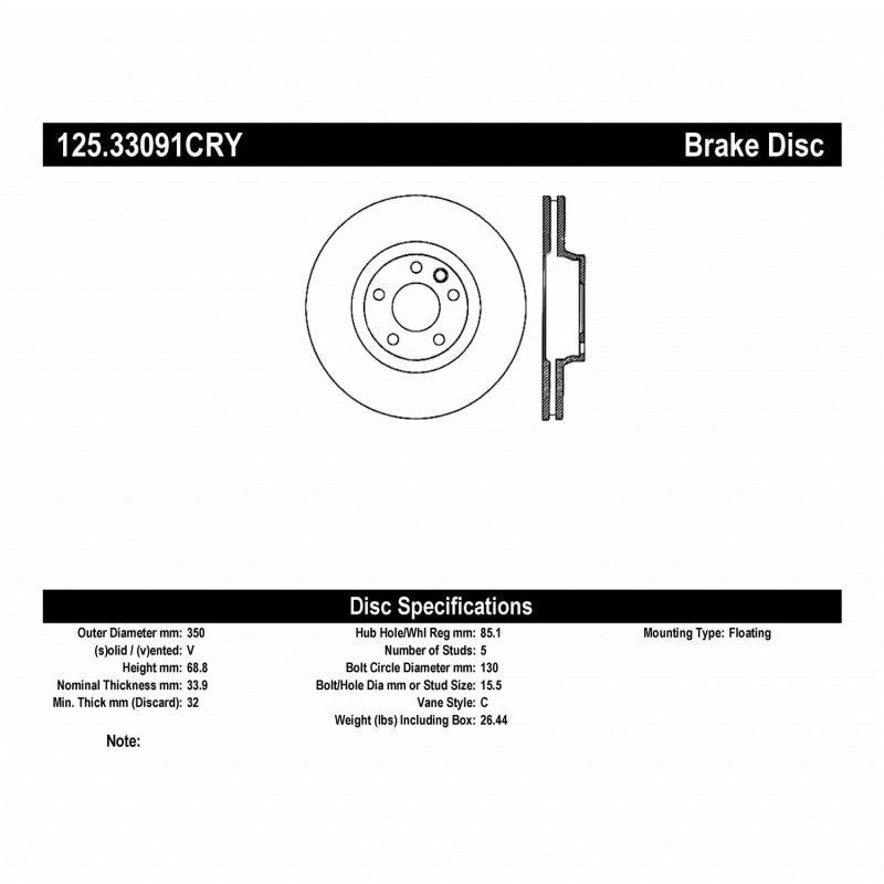Centric Premium 03-18 Porsche Cayenne Front Right CRYO-STOP Rotor Hot on Sale